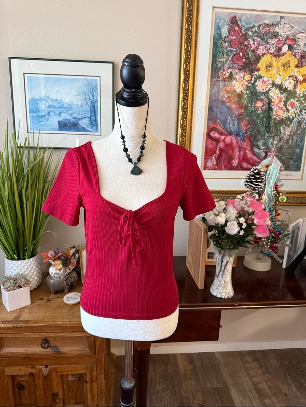 SHEIN Red Ribbed Tie-Front Square Neck Crop Top